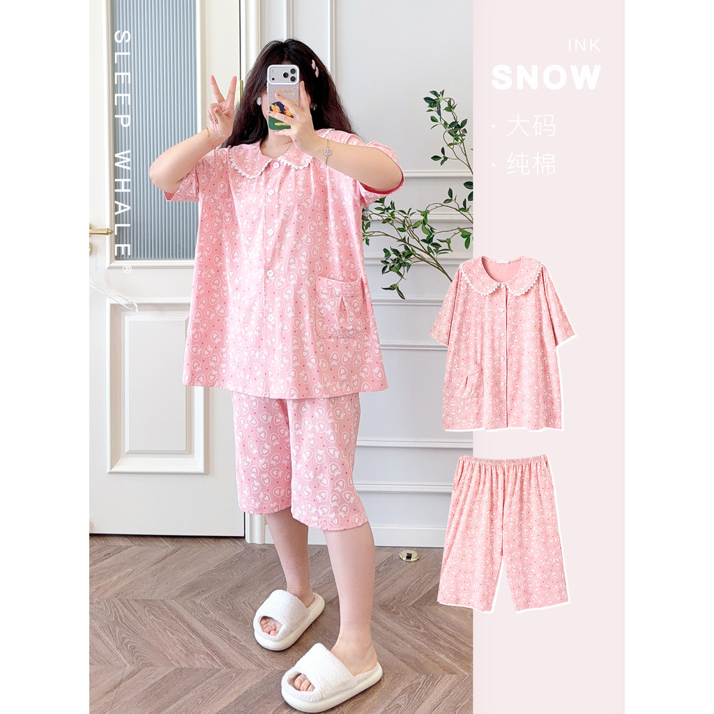 Chate Size Lớn Quần Ngắn Tay Crop Cotton Nguyên Chất Mềm Mại Waxy Bộ Đồ Ngủ Nữ In Hình Cardigan Loun