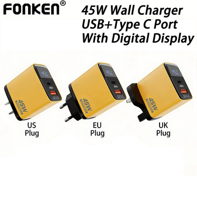 Fonken 45W UK/US/EU USB Type C Bộ sạc tường Type C Bộ sạc nhanh Bộ chuyển đổi nguồn USB có màn hình kỹ thuật số