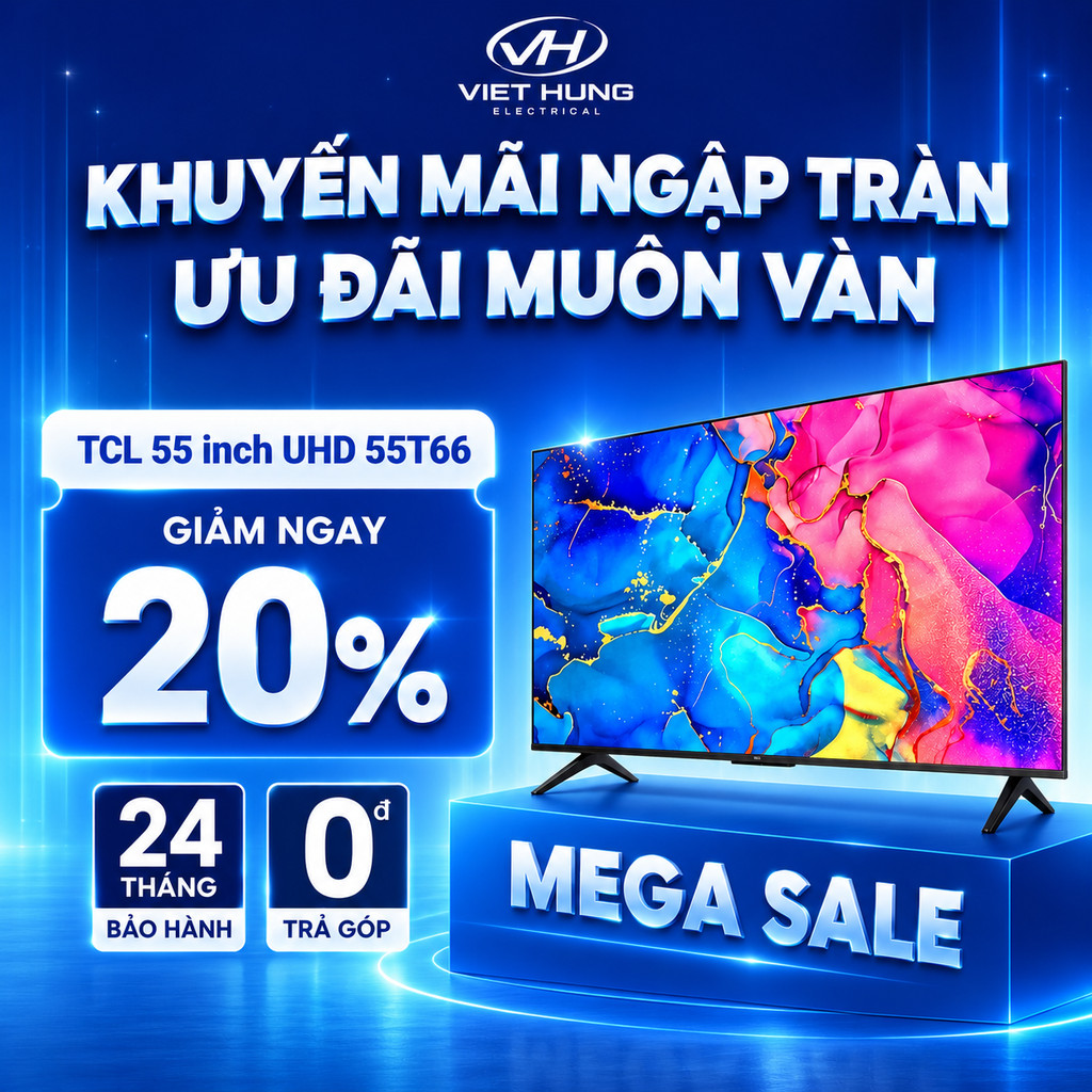【4K HDR】TCL 55 inch UHD 55T66, Google TV, Tần số quét 60Hz, Chứng nhận Dolby Atmos, Lắp 0đ HCM HN