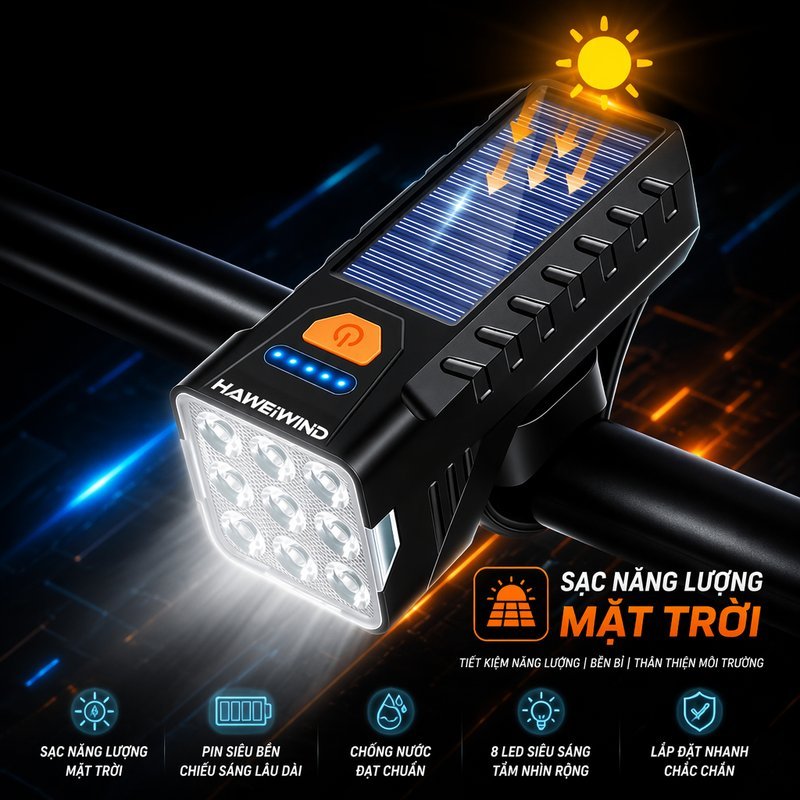 Đèn Pha Xe Đạp Năng Lượng Mặt Trời Led Siêu Sáng 800 Lumen Sạc Usb Pin 5 Chế Độ