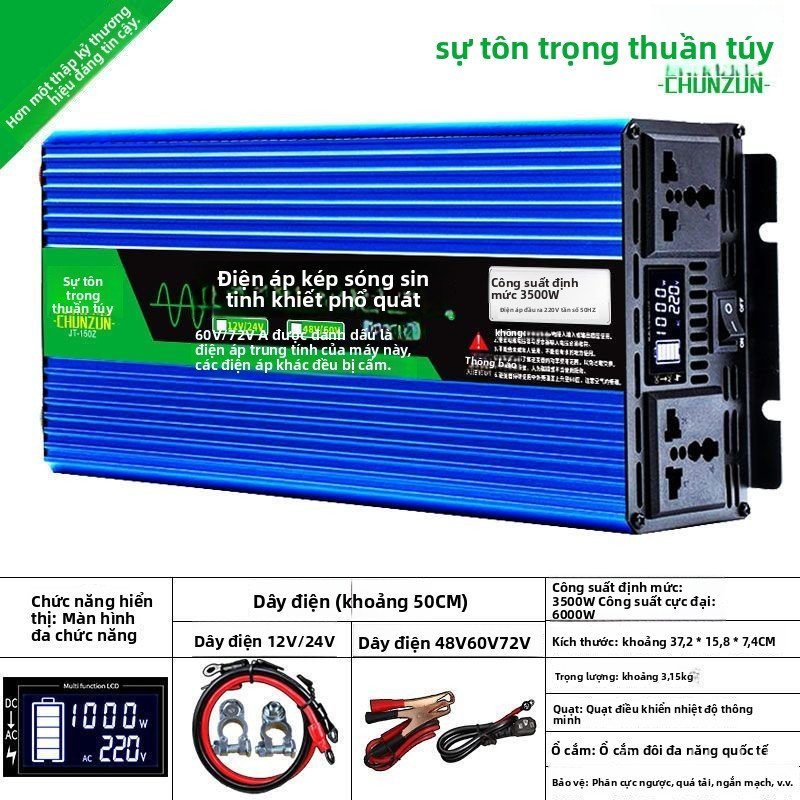 Bo chuyen doi dien sin chuan o to gia dinh 12V 24V 48V 60V sang 220V cho xe tai ac quy