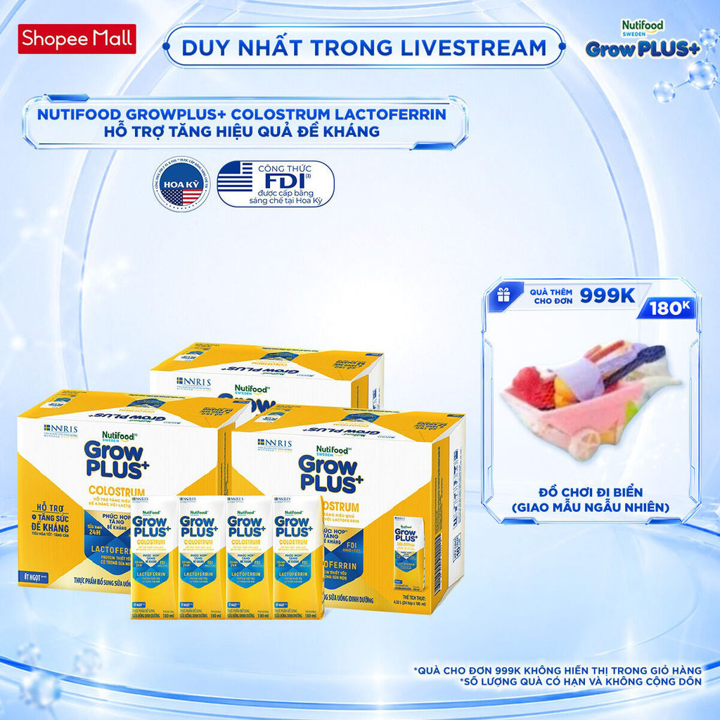 Combo 3 Thùng 24 hộp Sữa bột pha sẵn Nutifood Sweden GrowPLUS+ Colostrum Lactoferrin 180ml