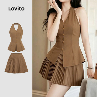 Áo/ Chân váy nữ Lovito kaki xuân hè xếp ly nút trước thanh lịch L190ED737