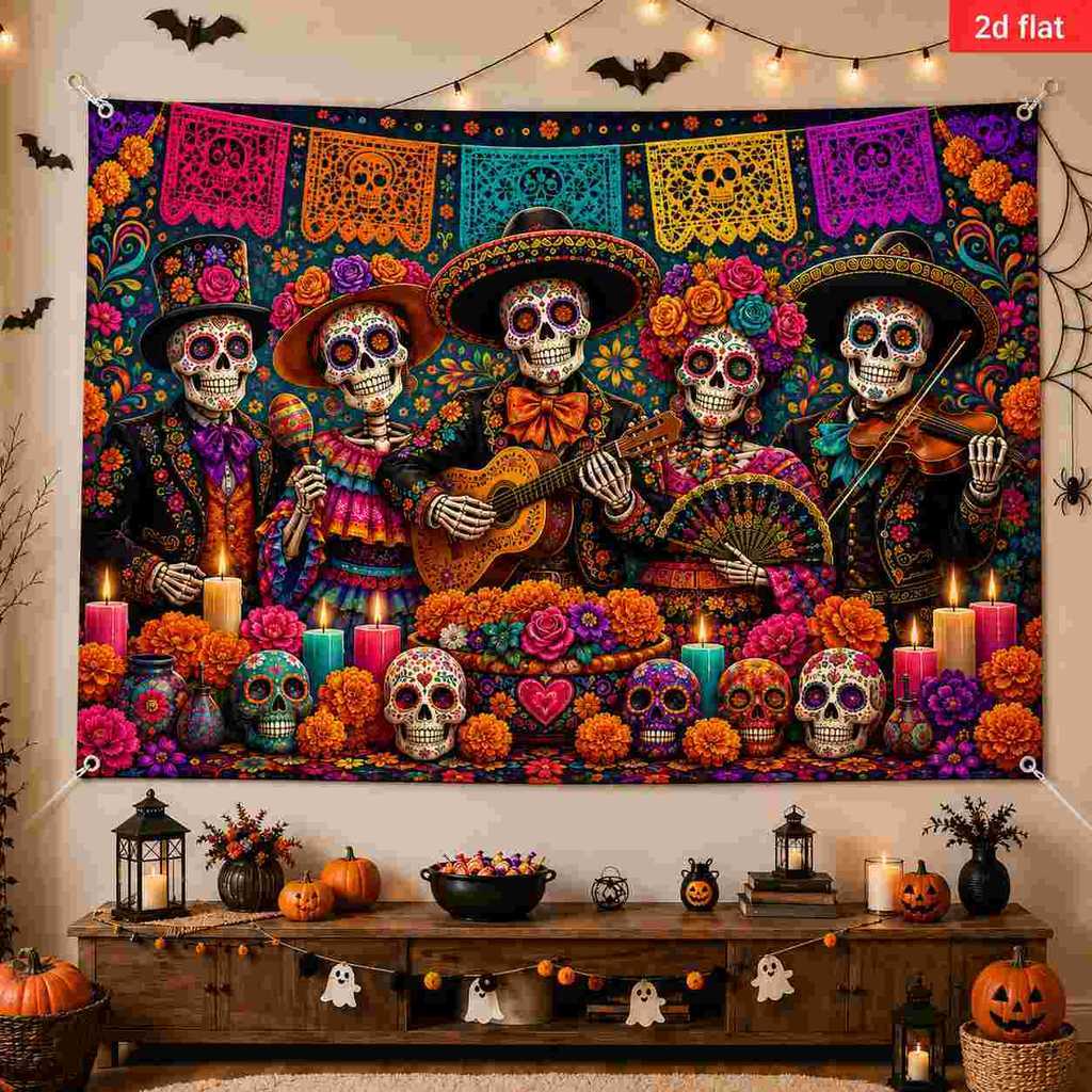 Biểu ngữ phẳng 2D, Gói 1 mảnh, Mexico Dead Day Candy Skull Band Đảng Vải nền