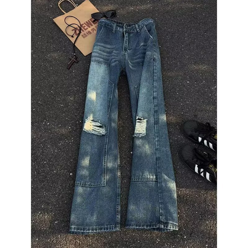BlackRose ManZi (Ra mắt đầu tiên) Millennium Hot Girl Retro Ripped Washed Heavy Industry Jeans