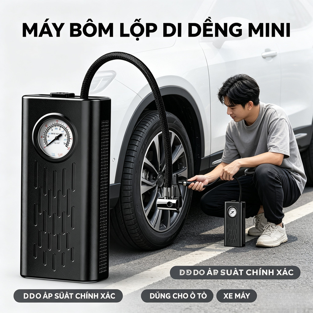 Máy bơm lốp ôtô cầm tay sạc USB ngắt tự động,thiết kế nhỏ gọn công suất lớn