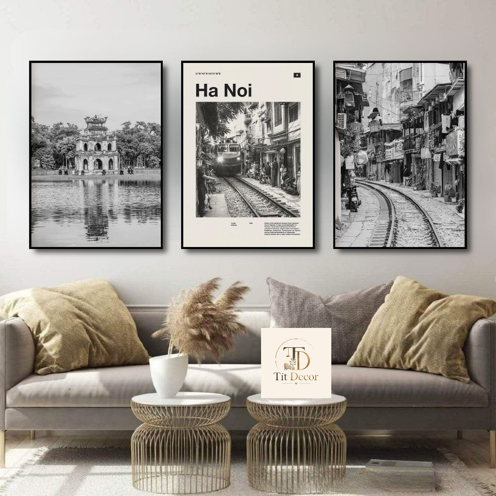 [HN] COMBO 3 Tranh Canvas Phong Cảnh Hà Nội Đen Trắng - Tranh Decor, Trang Trí Phòng Khách, Phòng Ng