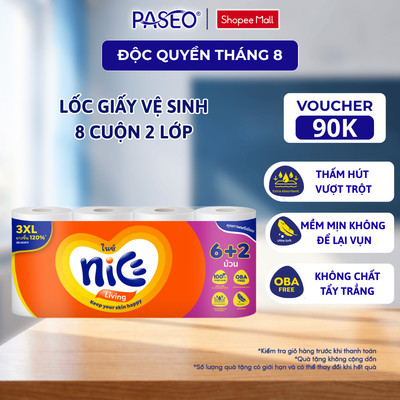[Lốc 8 Cuộn] Giấy Vệ Sinh NICE Mega Cuộn Lớn Tiết Kiệm Mềm Mịn Tan Nhanh Trong Nước An Toàn (2 Lớp)