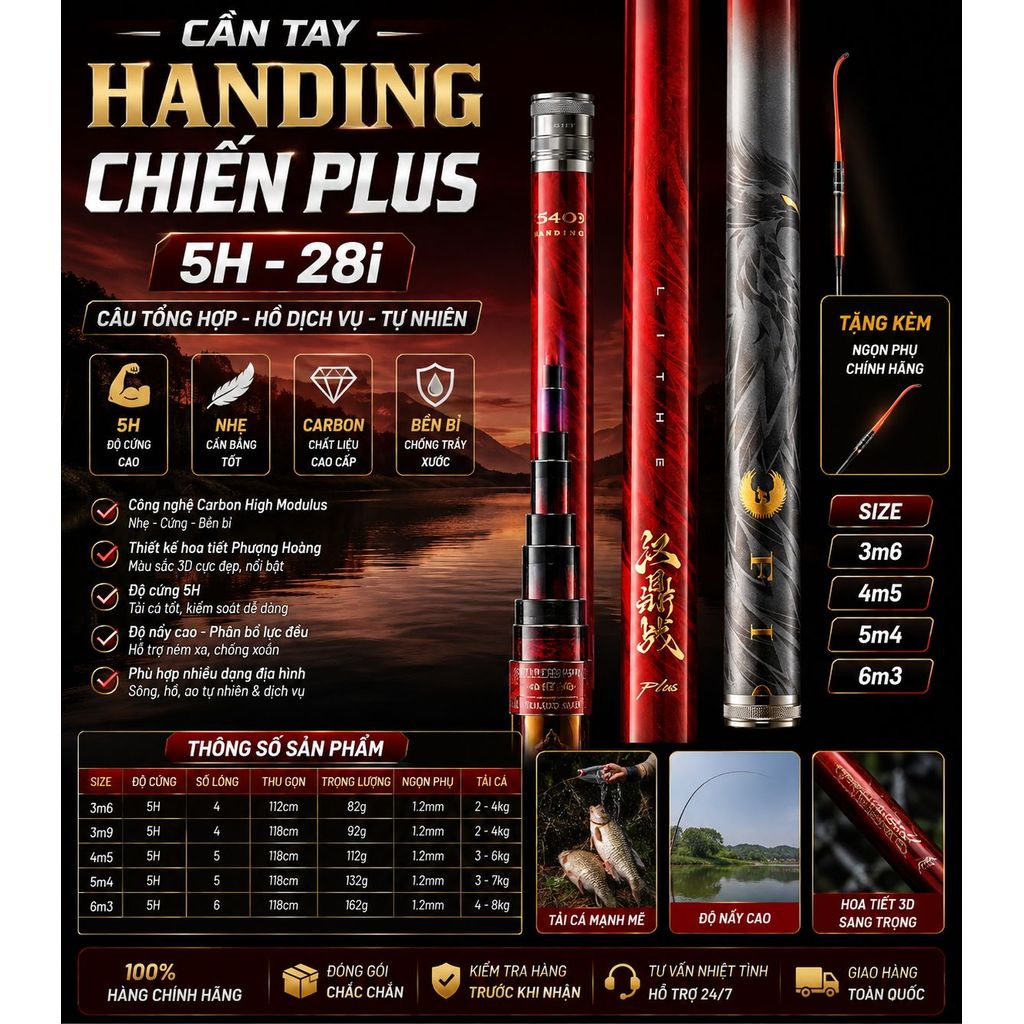 Cần Câu Tay HanDing Chiến Plus 5H – Carbon 28i Câu Tự Nhiên Rô, Riếc, Chép Câu Tổng Hợp, Tặng Ngọn P