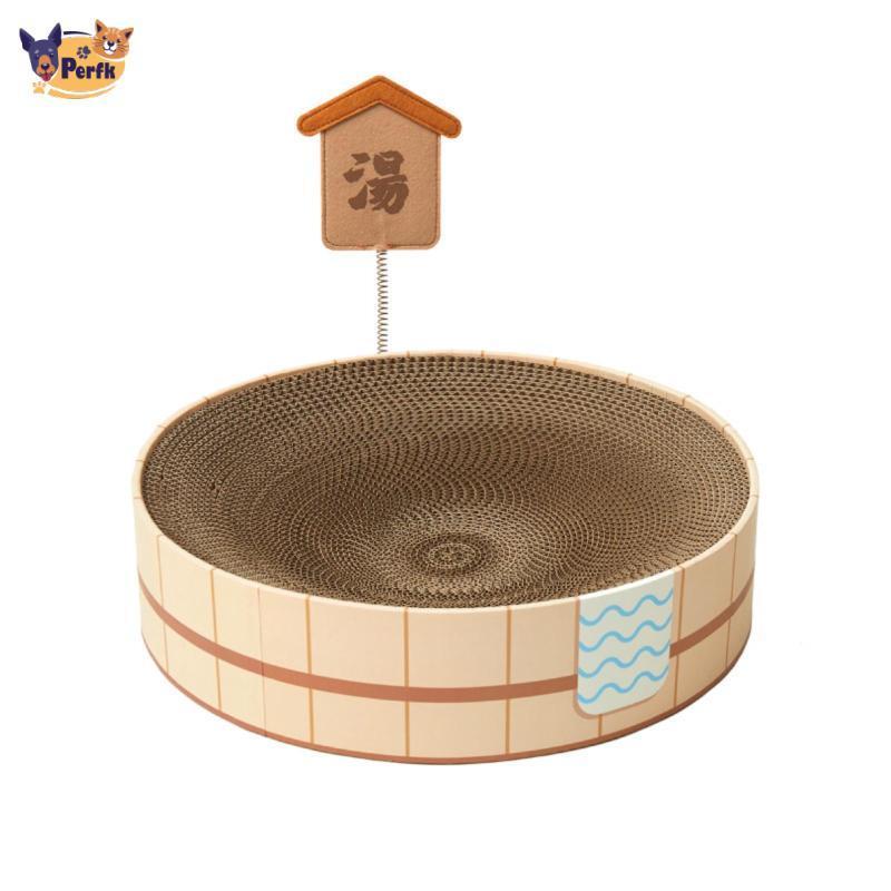 Perfk Cat Scratching Bed with Spring Sign Round Cat Scratching Lounge Bed Scratcher Bowl Wood-Grain 