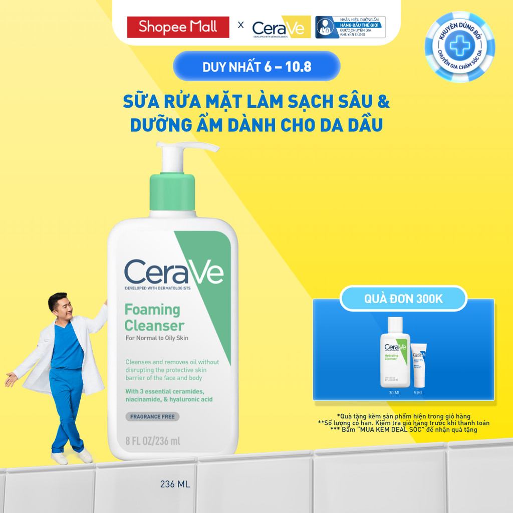 Sữa rửa mặt foaming giúp làm sạch sâu và dưỡng ẩm dịu nhẹ dành cho da dầu - CeraVe Foaming Facial Cleanser 236ML