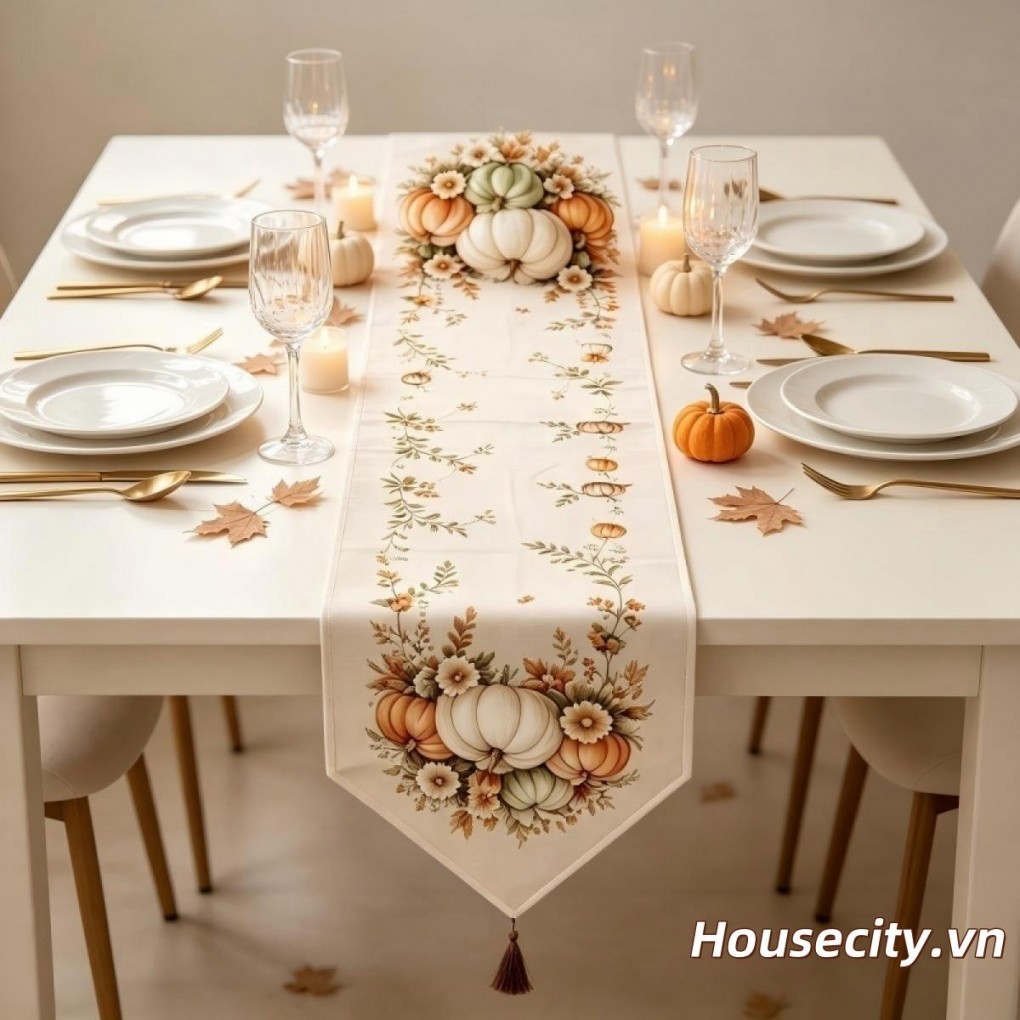 【 jj0Z 】 Halloween Table Runner Khăn trải bàn in bí ngô Trang trí bàn ăn ngày lễ