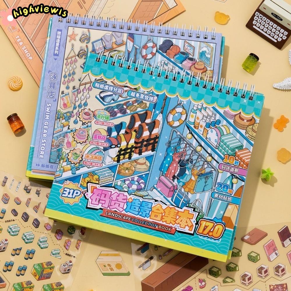 HIGHVIEWLS Sticker Book, Bakery Post Office PET Scenery Sticker, Sách Đồ Bơi 10 Cảnh Cửa Hàng Xếp Ch