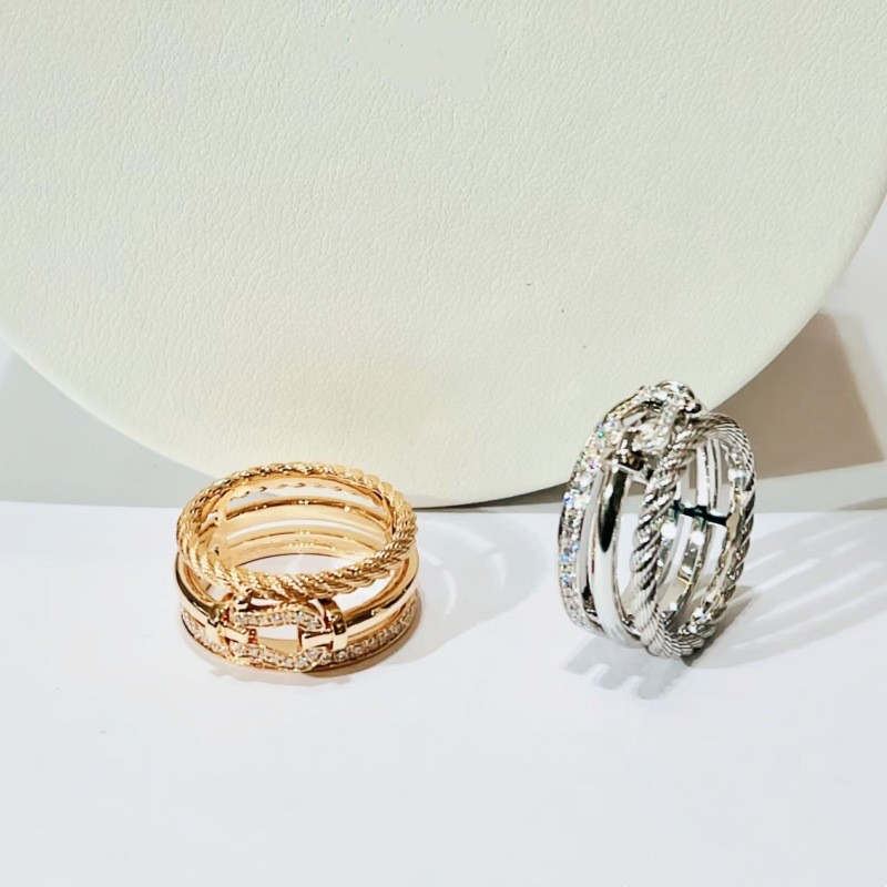 0PY3 Horseshoe ring with diamond inlay for couples, gold-plated, luxurious hollow design, new three-