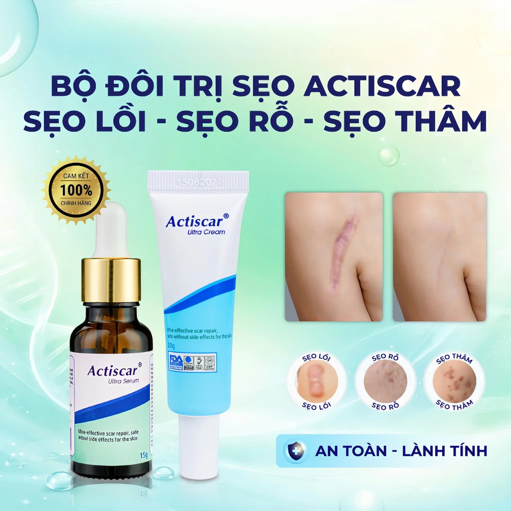 Actiscar Kem Và Serum Sẹo  Hỗ Trợ Làm Mờ Sẹo Lồi, Lõm, Rỗ, Sẹo Phẫu Thuật, Sẹo Thâm Lâu Năm, Sẹo Bỏn