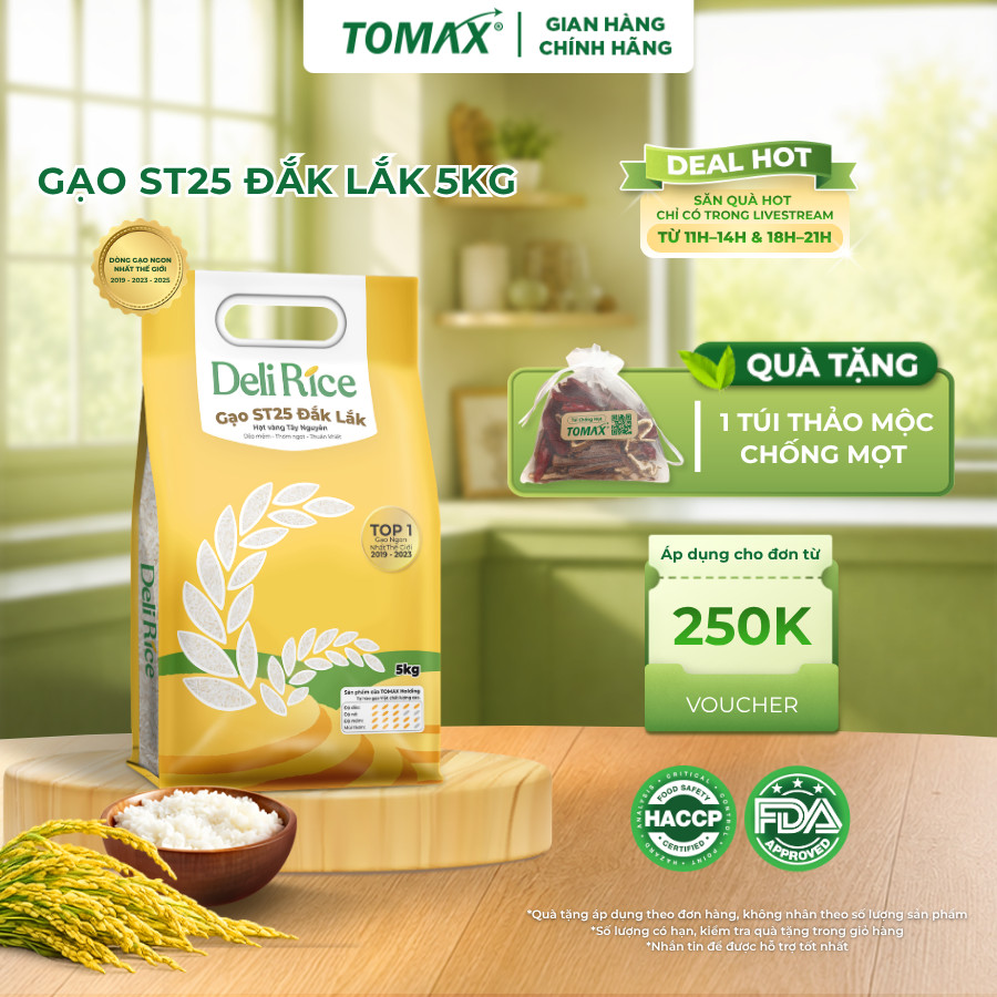 Gạo ST25 Deli Rice Túi 1kg & 5kg Thượng Hạng, Dẻo Thơm Tự Nhiên, Vị Ngon Hòa Quyện - TOMAX