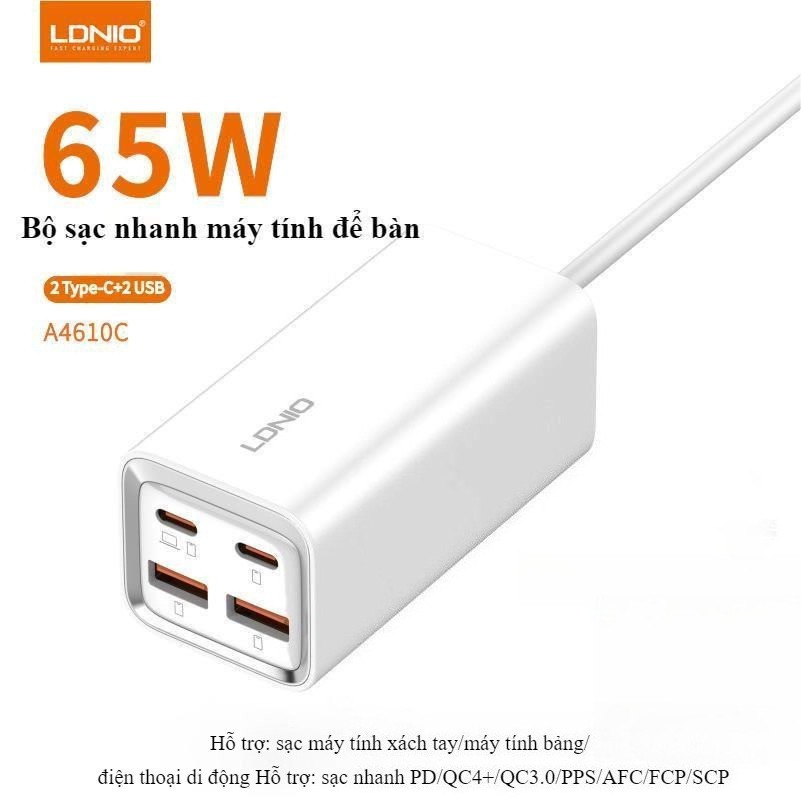 Trạm Sạc Để Bàn LDNIO A4610C 65W 4 Cổng Sạc Nhanh PD 65W QC 60W Dây Dài 2M Cho Laptop iPhone Android