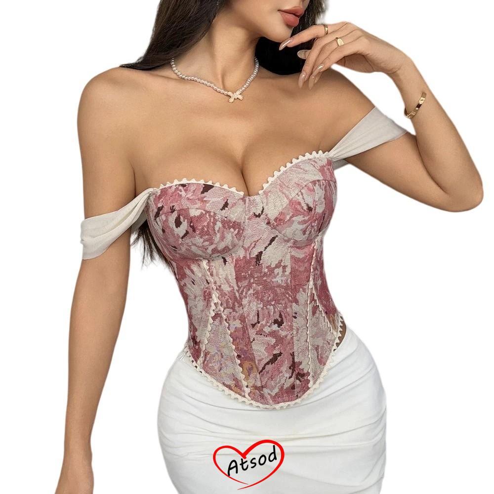 ATSOD Retro Corset Top, Vải Jacquard Gợi Cảm Xương Cá Corset, Ren Vintage Nhiều Màu Sắc In Hoa Jacqu