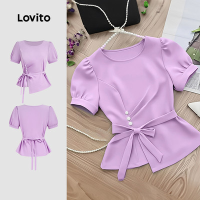 Lovito Áo thanh lịch thắt lưng có nút mùa xuân/hè màu tím cho nữ L177ED075