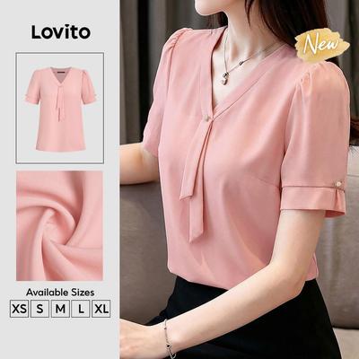 (New Arrival) Lovito Áo blouse thanh lịch buộc dây đơn giản mùa Xuân/Hè màu hồng cho nữ BLK8P2D901