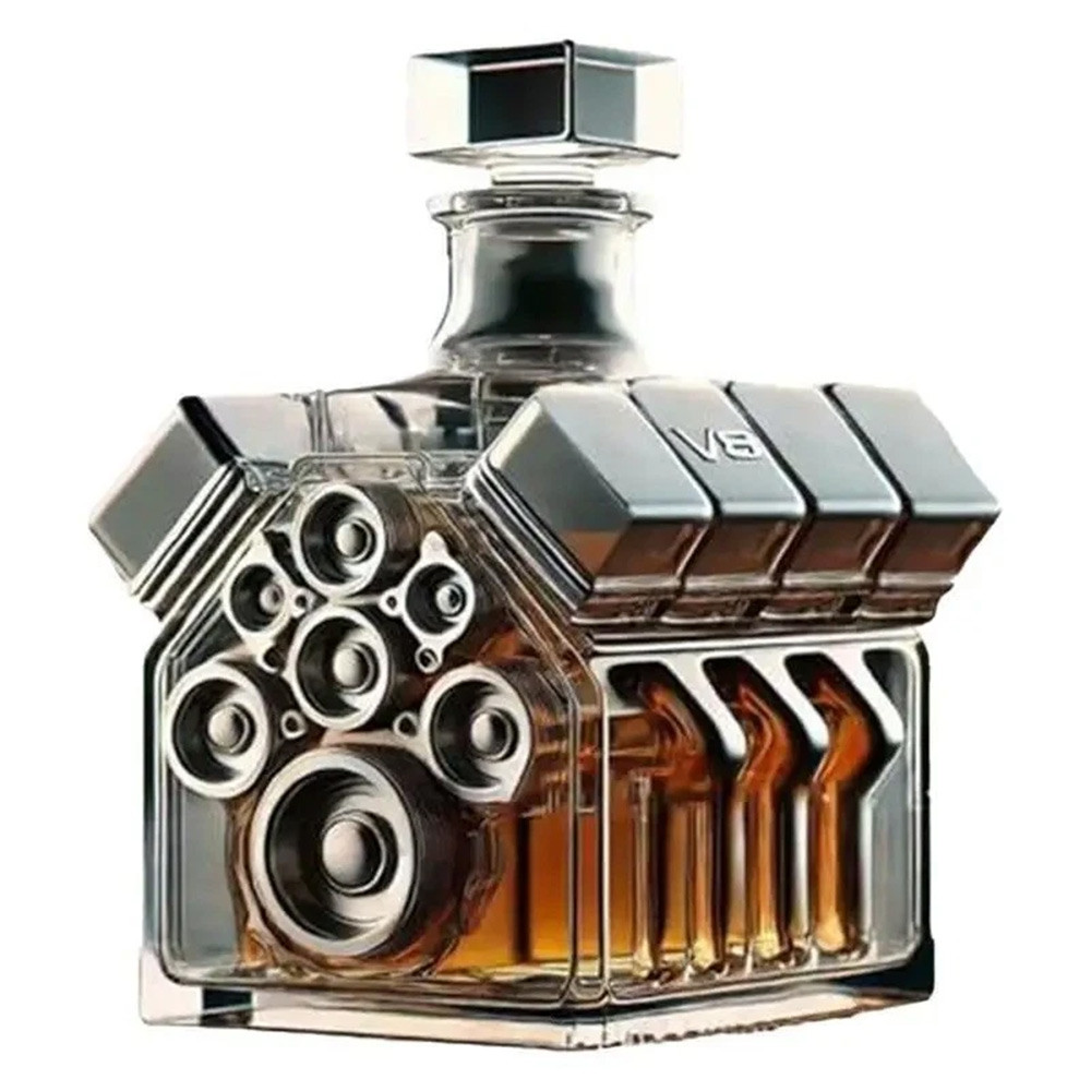 V8 Engine Decanter Crystal Glass Liquor Bottle With Embossed Engine Details For Enthusiast Hobby Col