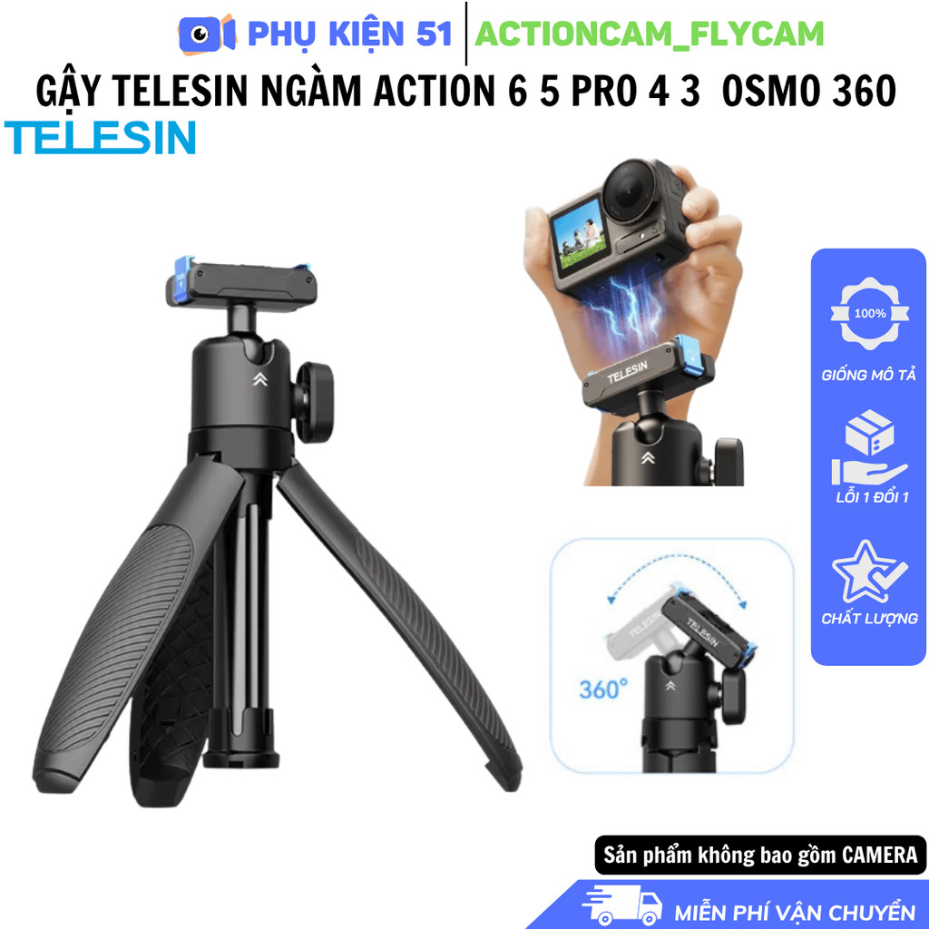 Tripod Telesin ngàm Action 6 5 4 3  Osmo 360 Nano  kéo dài 44cm tiện lợi nhỏ gọn