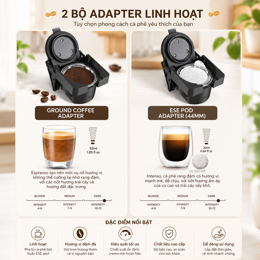 🌙🌙 [Bh 1 Năm] Máy pha cà phê Espresso-Viên Nén tích hợp 6 trong 1 Thương hiệu HiBREW Mỹ H1B 1450W