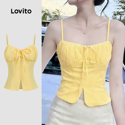Áo nữ Lovito vàng xuân hè xẻ trước buộc phía trước phong cách thường ngày L190ED682