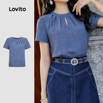 Áo Lovito thanh lịch phong cách xếp ly cắt xẻ mùa xuân/hè màu xanh dương cho nữ L184LD934