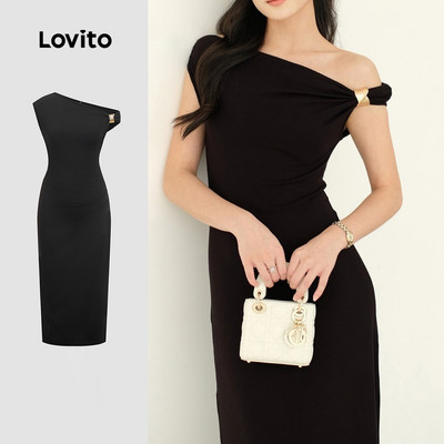 Đầm Lovito thanh lịch bất đối xứng chi tiết kim loại mùa xuân/hè màu đen cho nữ LK3ED092