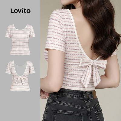 (New Arrival) Lovito Áo thun nữ phong cách mới họa tiết nơ áo thun mùa xuân/hè LK7AD107