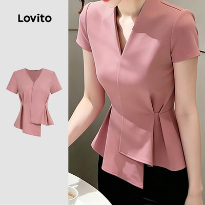 (New Arrival) Lovito Áo sơ mi dáng rộng không đều có nếp gấp mùa xuân/hè màu hồng cho nữ L195ED012