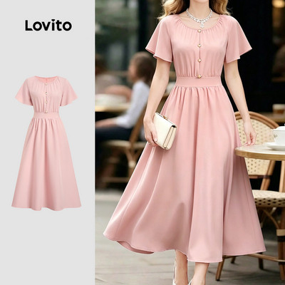 (New Arrival) Lovito Đầm công sở thanh lịch xếp ly đơn giản mùa xuân/hè màu hồng cho nữ L196ED778