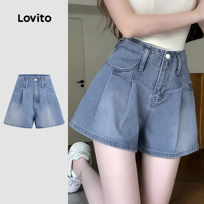 Lovito Phong cách thường ngày Quần short denim thường xếp ly thư giãn xuân hè màu xanh cho nữ L179AD312