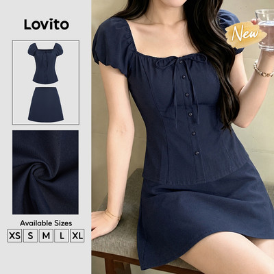 (New Arrival) Lovito Áo hoặc quần Casual phong cách đơn giản cài nút màu xanh navy bộ đồ xuân/hè cho nữ KSK8TD116