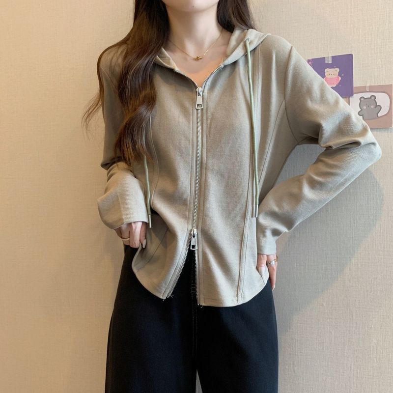 Áo thun dài tay có mũ trùm đầu không đều dành cho nữ Xuân Thu Phong cách Hàn Quốc mới Loose Slimming