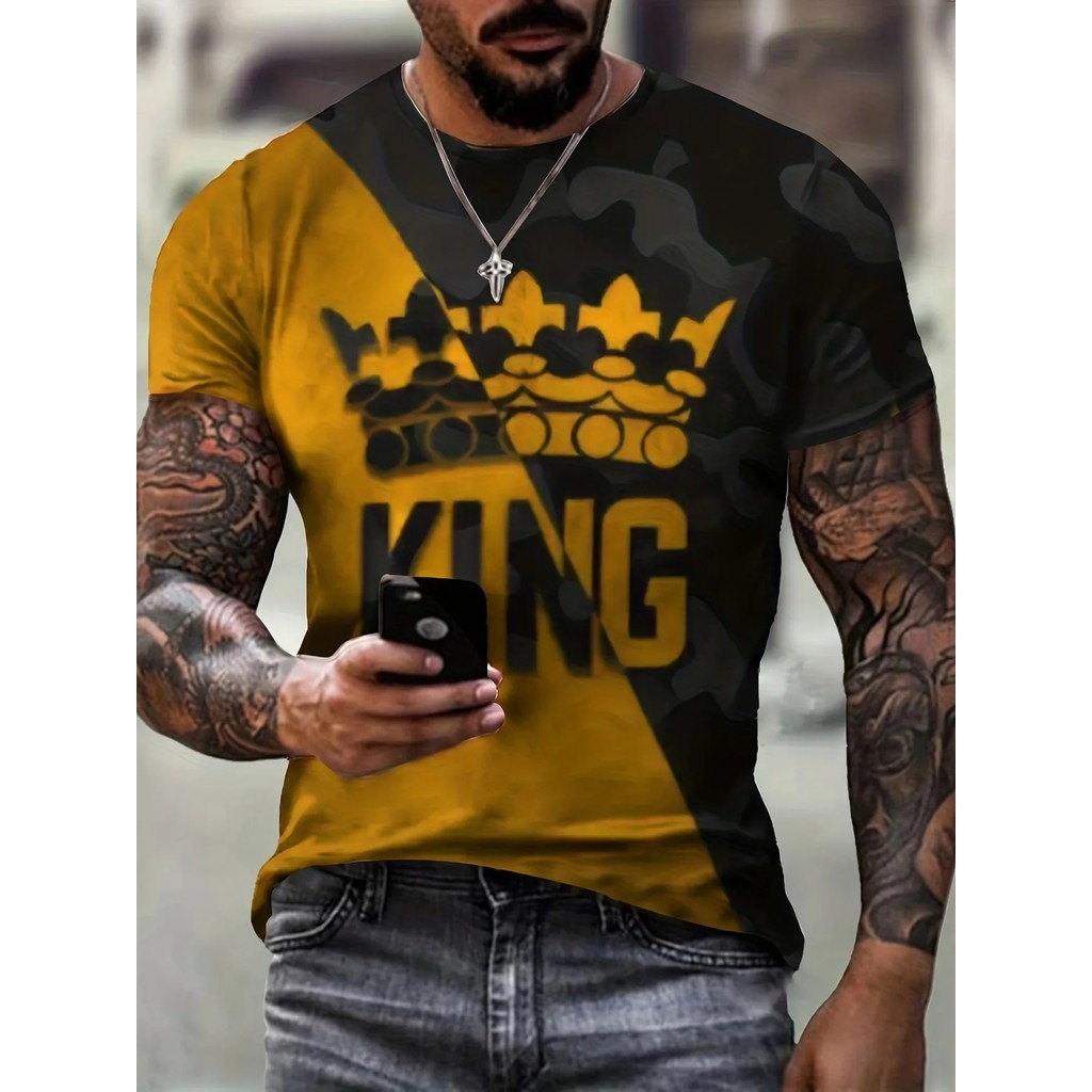 Vương Miện Chữ KING 3D Họa Tiết Kỹ Thuật Số In Áo Thun Đồ Họa Nhân Quả Tee Tay Ngắn Áo Chui Đầu Nam Quần Áo Mùa Hè