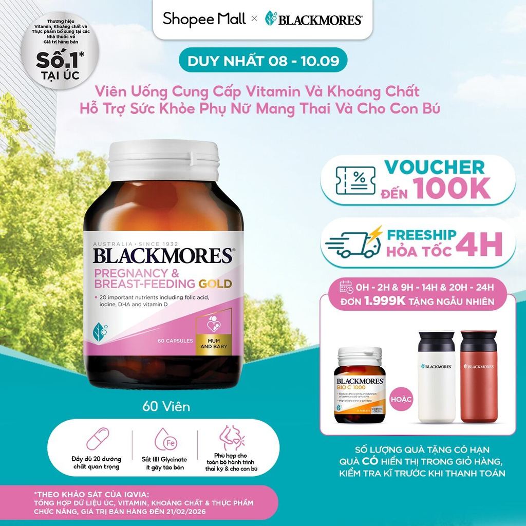 Vitamin Tổng Hợp Cho Bà Bầu và Mẹ Cho Con Bú Blackmores Pregnancy & Breast-Feeding Gold Lọ 60 Viên