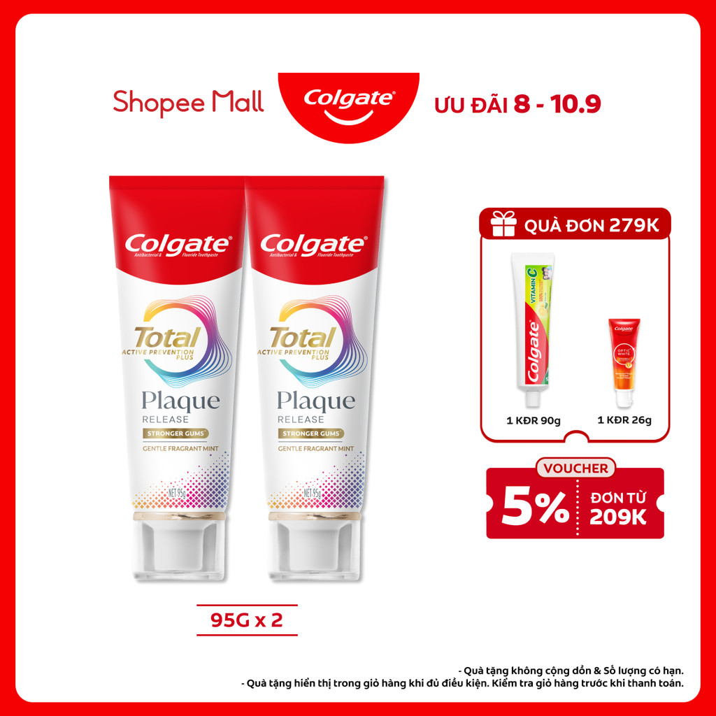 Bộ 2 Kem đánh răng Colgate Total Plaque Release 95g/tuýp giúp khỏe nướu, ngăn mảng bám hiệu quả gấp 
