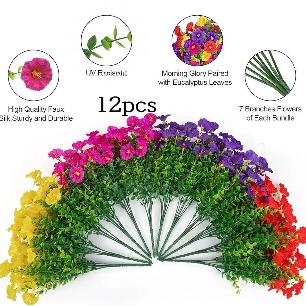 12 Flower Artificial Morning Glory Eucalyptus Silk Bouquet with Stem Accessories