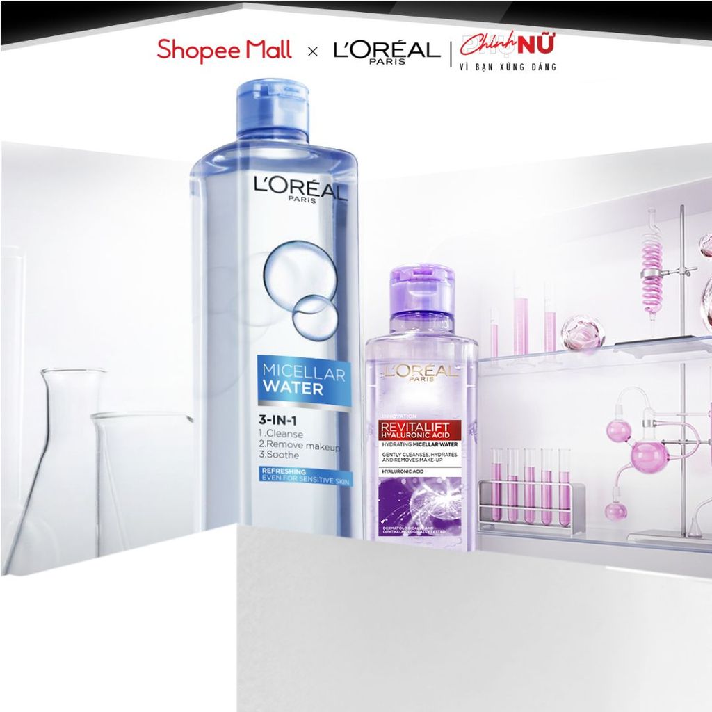 Bộ đôi nước tẩy trang giúp làm sạch sâu, loại bỏ bụi bẩn, lớp trang điểm 3-in-1 L'Oreal Paris Micellar Water 400ml, 95ml