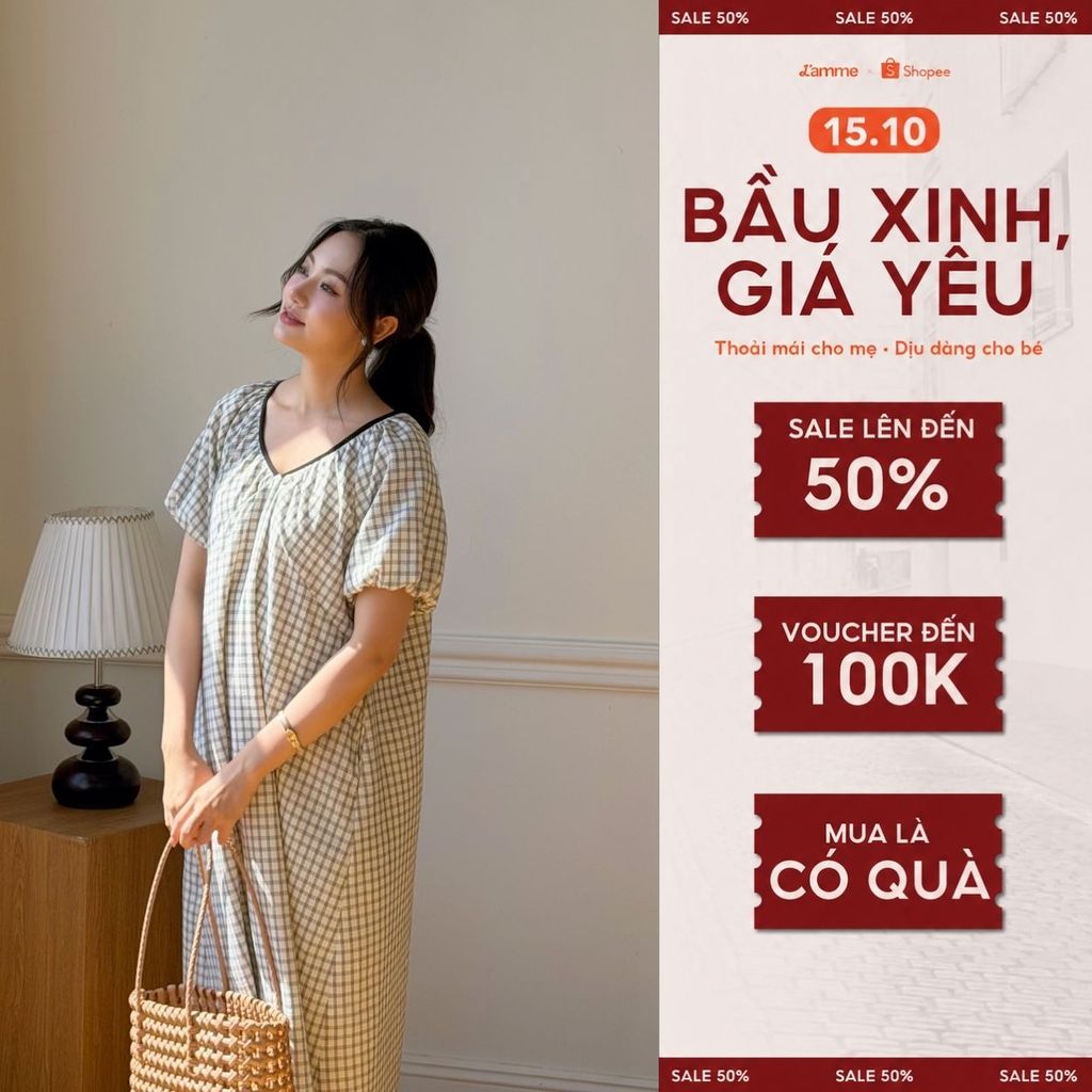 Váy Bầu DAMI DRESS Chất Thô Kẻ Đen Trắng Mềm Mát, Dáng Suông Nhún Cổ V Che Dáng Tốt By L'amme