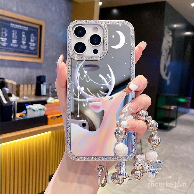 Ốp điện thoại, vỏ kính mạ kim cương pha lê, thiết kế hươu trừu tượng, tương thích với iPhone 13, 16,