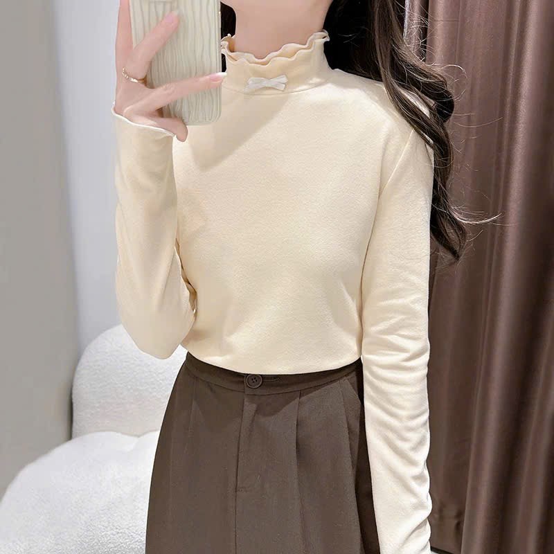 (Hàng QC) Áo Giữ Nhiệt Lông Thỏ Cổ Cao Hai Lớp Nhún Bèo Đính Nơ Xinh Xắn T105 - T2 Fashion | BigBuy360 - bigbuy360.vn
