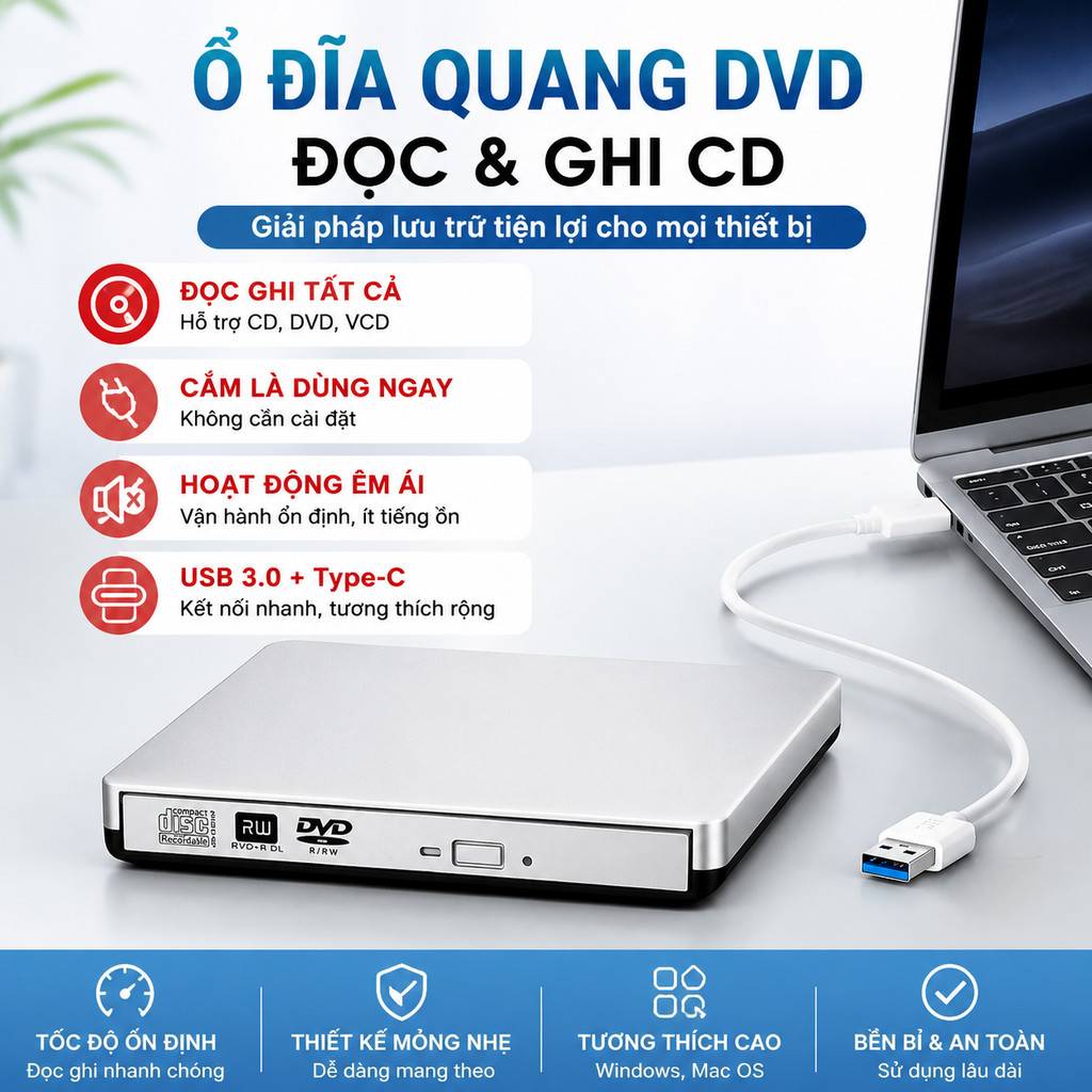Ổ DVD CD USB ngoài | đầu đọc ghi DVD RW | ổ quang USB 3.0 | ổ đĩa di động plug play laptop xem phim 