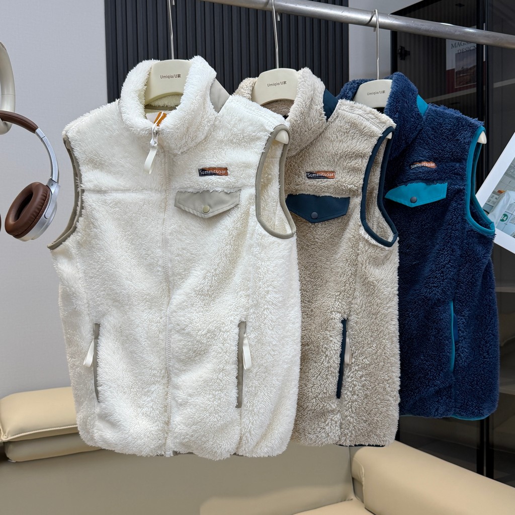 T Tree Rice ai Banana HouseNgoài Trời Núi Series Mềm Lông Cừu Đứng Cổ Màu Áo Vest Bên Ngoài Lông Cừu