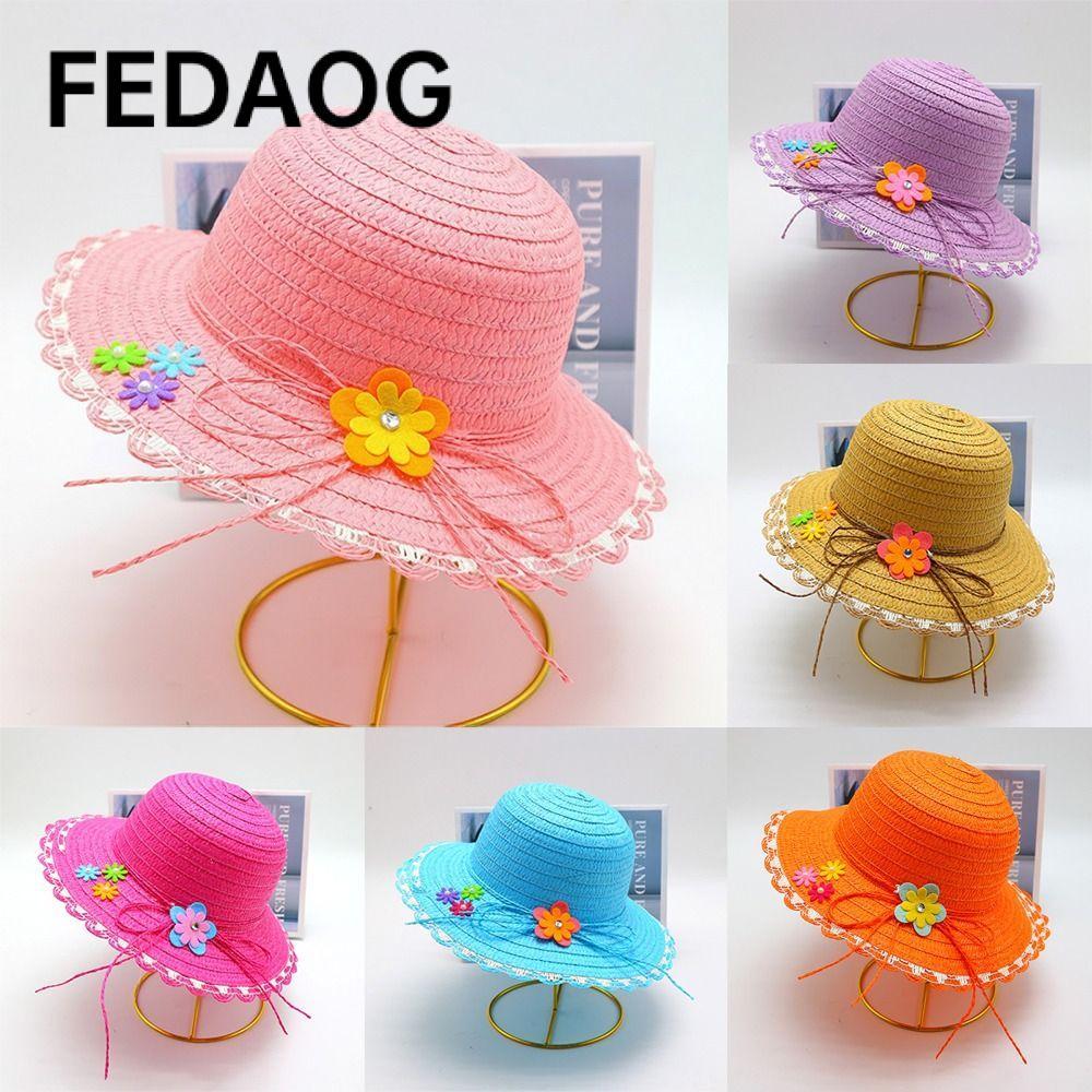 Mũ Rơm FEDAOG, Vành Rộng Mũ Chống Nắng 3-7Year, Trang Trí Hoa Ngọt Ngào Handmade Mũ Xô Đi Biển