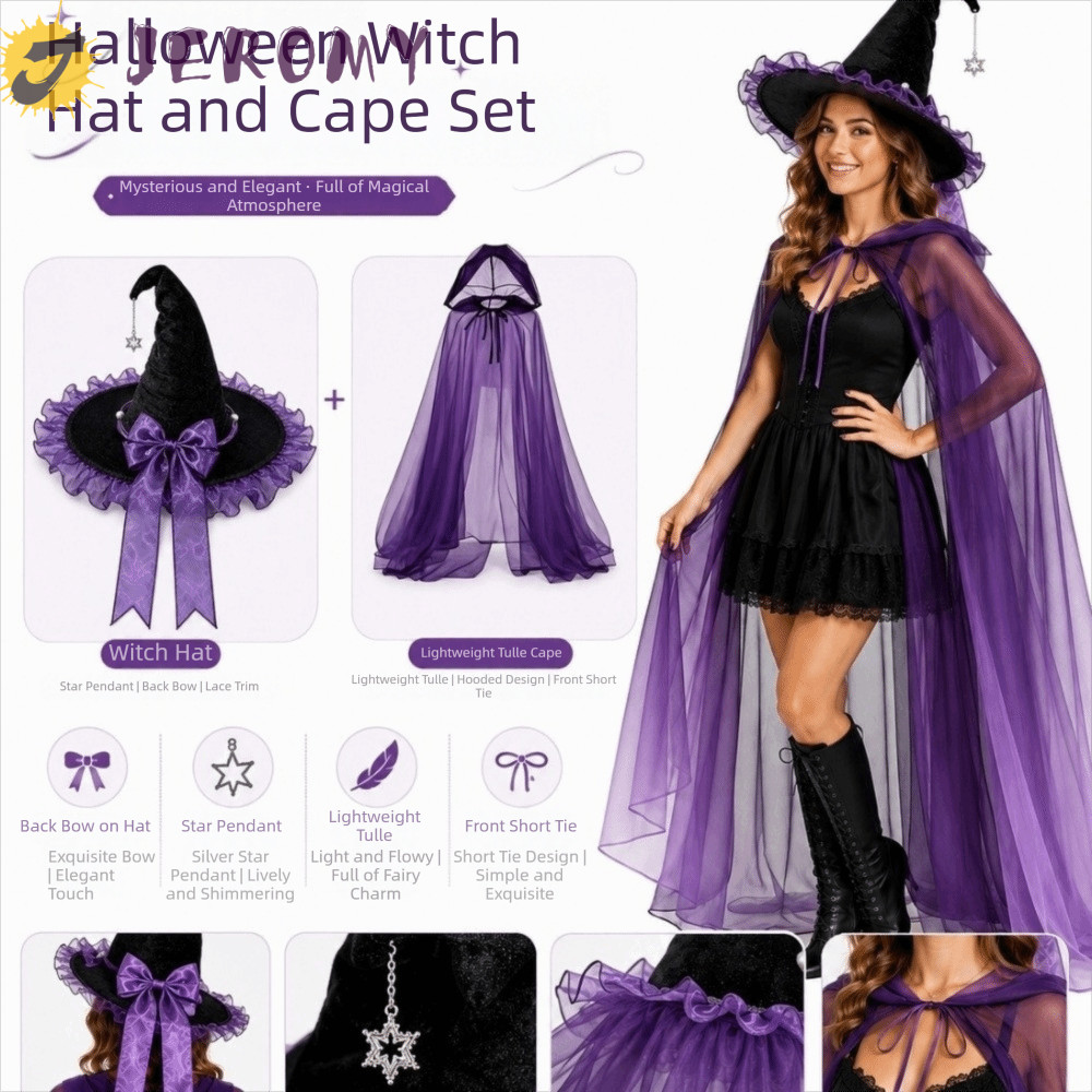 JEROMY Halloween Mũ Phù Thủy Bộ Áo Khoác, Nhập Vai Có Mũ Lưới Mũ Phù Thủy Có Mũ Trùm Đầu Áo Khoác, S