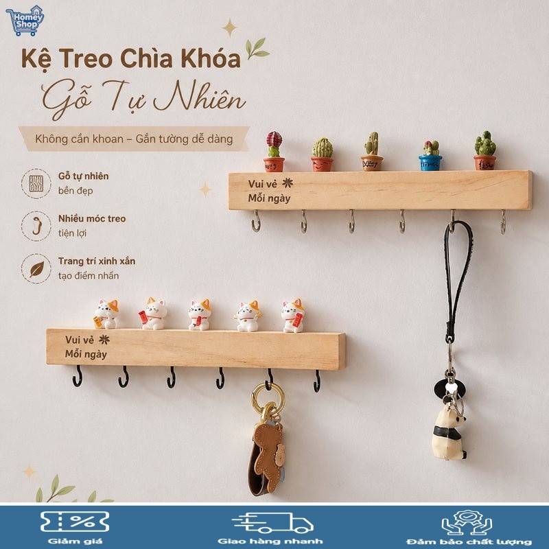Móc treo chìa khóa gỗ nguyên khối, dán tường không cần khoan, móc treo đồ tiện lợi, trang trí lối và