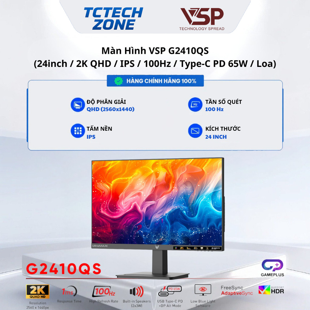 Màn hình 24in 2K VSP G2410QS/G2410Q1  IPS 100Hz Type-C (sạc ngược 65W) có loa Chính Hãng 100%